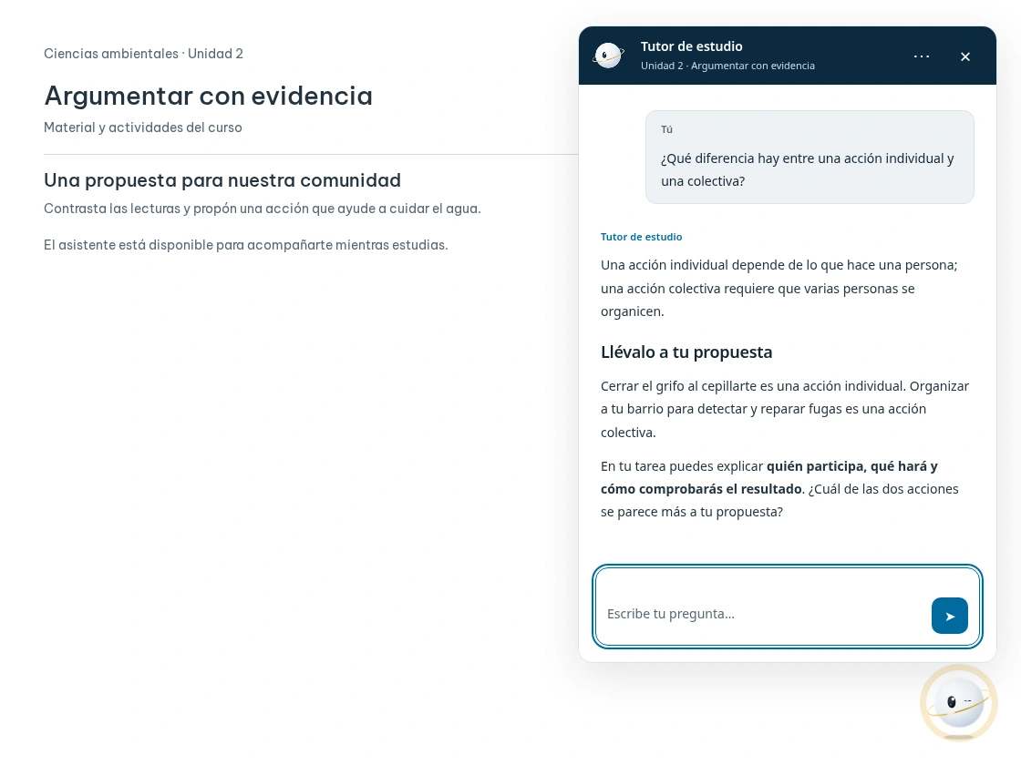 AI Student acompaña al estudiante con una explicación contextual junto a la actividad de Moodle